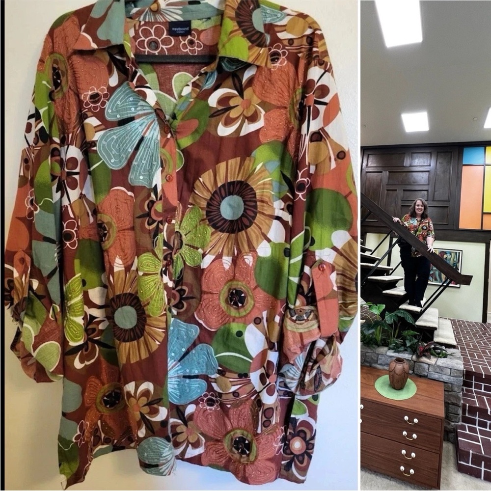 Westbound Blouse Plus Size 2X Top 3/4 Roll-Tab Sleeves 70's Funky Floral Retro